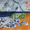 at the kitchen table, mixed media on linen, 50x60cm, 2024